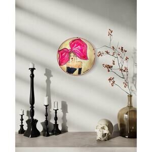 Hand-Painted Circular Canvas Art - Bold Fashion Illustration with Pink Bow